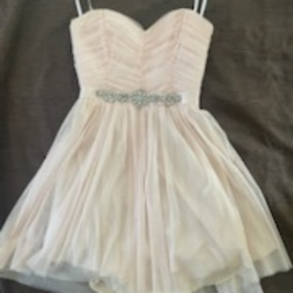 Blush semi-formal dress, chiffon exterior with rhinestones on satin strap.